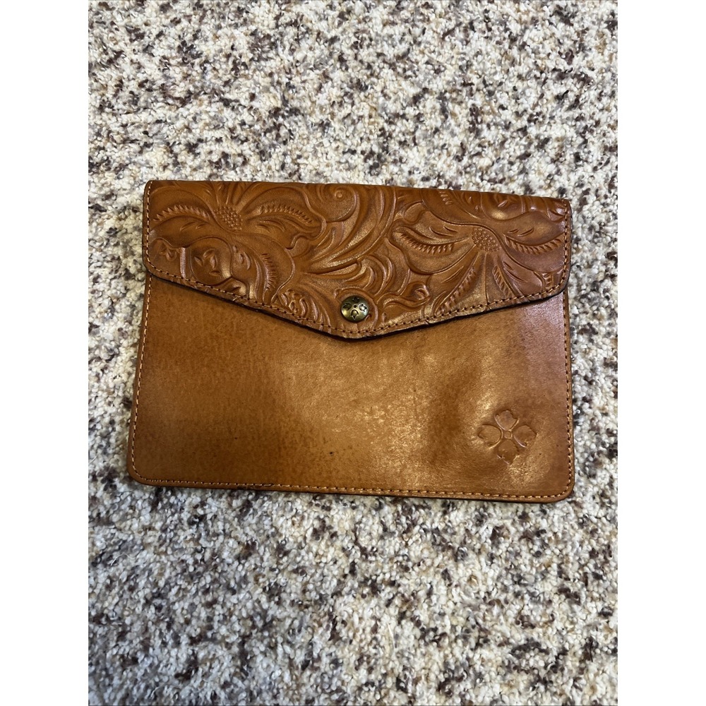 Patricia Nash Burnished Tooled Leather Midi Clutch Tan Envelope Style Bag Purse